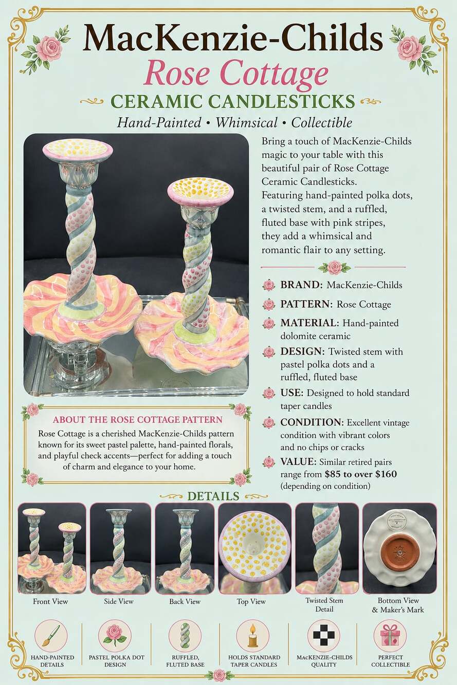 MacKenzie-Childs Rose Cottage Ceramic Candlestick Pair